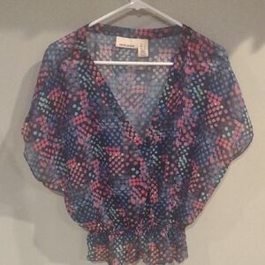 DKNY Women's Large‎ Blue, Black Pink Flutter Sleeve Wrap Sheer Blouse